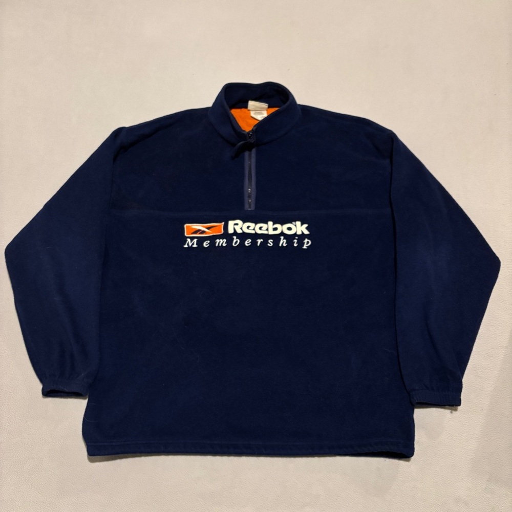 VTG Reebok Fleece Sweater Pullover Mens XL Navy 1/4 Quarter Zip Spell‎ Out Logo
